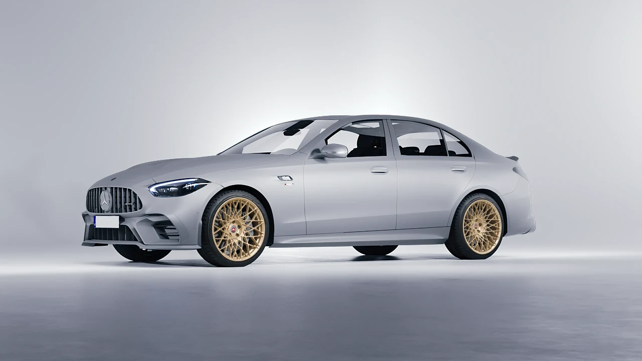 Mercedes-Benz C63s AMG E Performance 2023 on HRE Performance Wheels 501M forged wheels, front three-quarter view