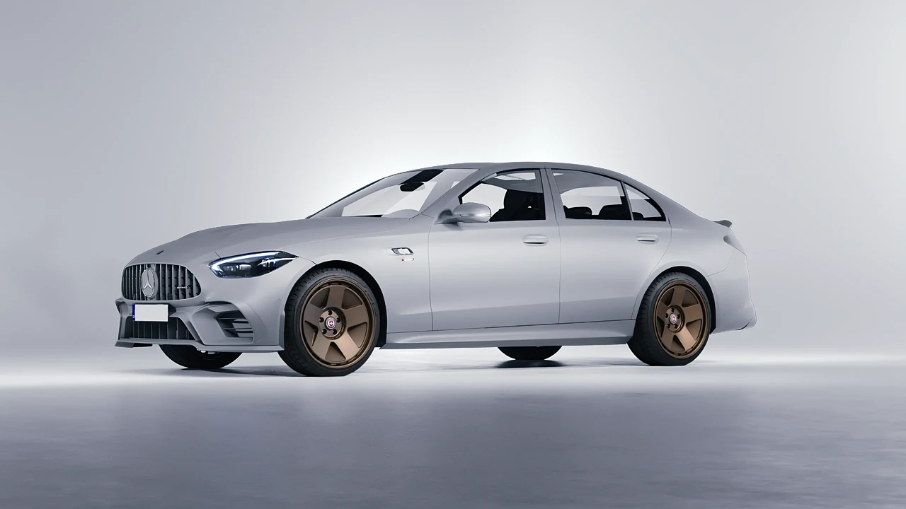 Mercedes-Benz C63s AMG E Performance 2023 on HRE Performance Wheels 555-GTM forged wheels, front three-quarter view