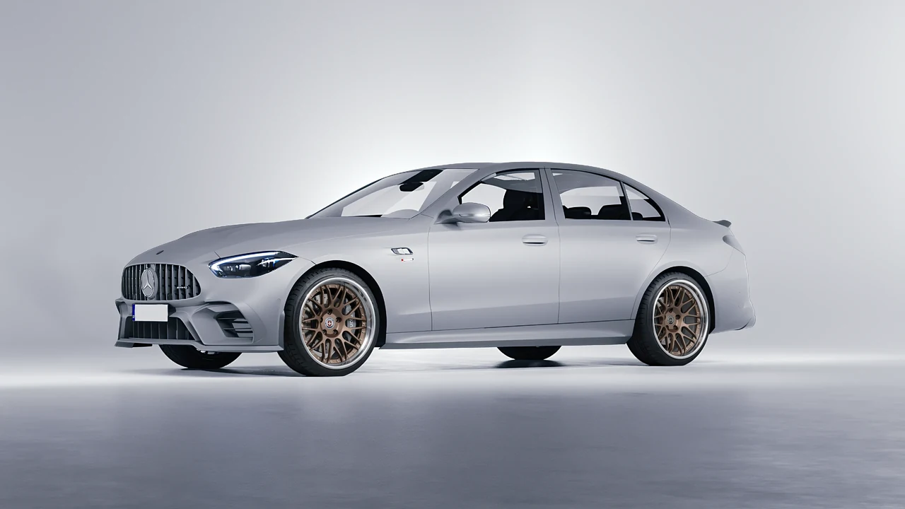 Mercedes-Benz C63s AMG E Performance 2023 on HRE Performance Wheels C100 forged wheels, front three-quarter view