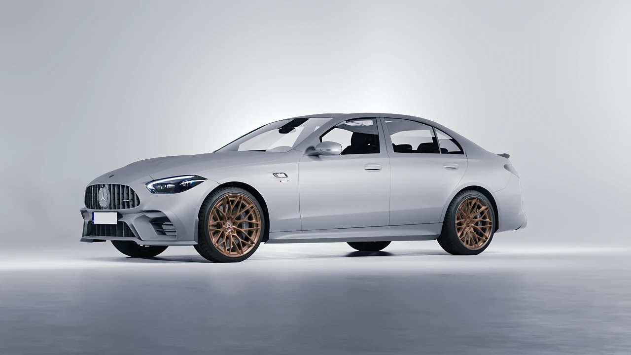Mercedes-Benz C63s AMG E Performance 2023 on HRE Performance Wheels S200H forged wheels, front three-quarter view