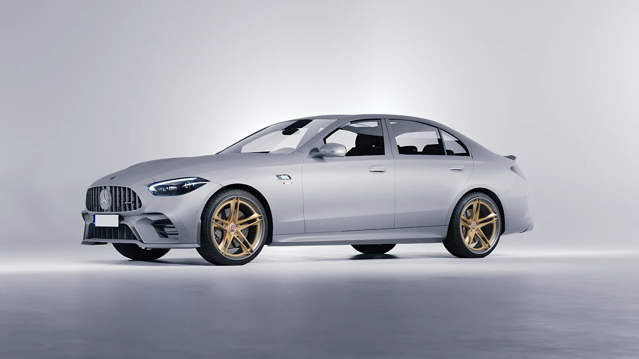 Mercedes-Benz C63s AMG E Performance 2023 on HRE Performance Wheels S207H forged wheels, front three-quarter view