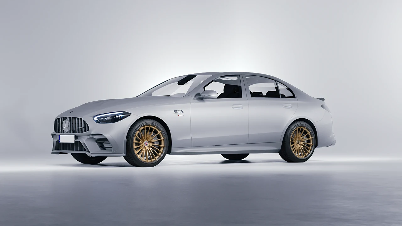 Mercedes-Benz C63s AMG E Performance 2023 on HRE Performance Wheels S209H forged wheels, front three-quarter view