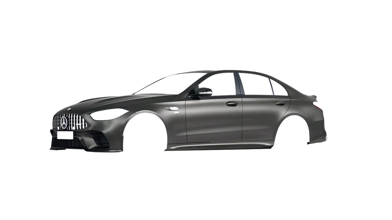 Mercedes-Benz C63s AMG E Performance 2023 wrapped in Black Rock Grey (Avery Dennison SW900-823-M), front three-quarter view