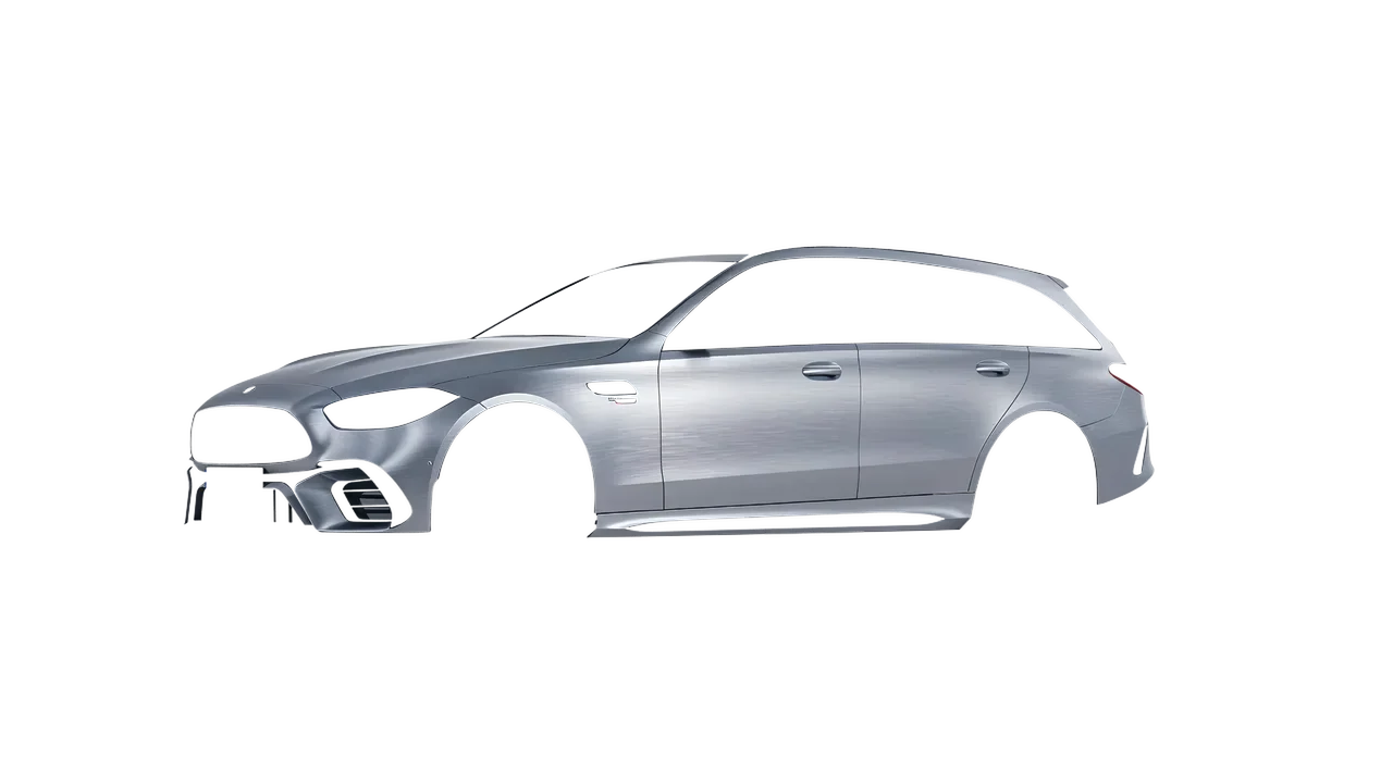 Mercedes-Benz C63s AMG E Performance Estate 2023 wrapped in Brushed Aluminum (Avery Dennison SW900-812-X), front three-quarter view