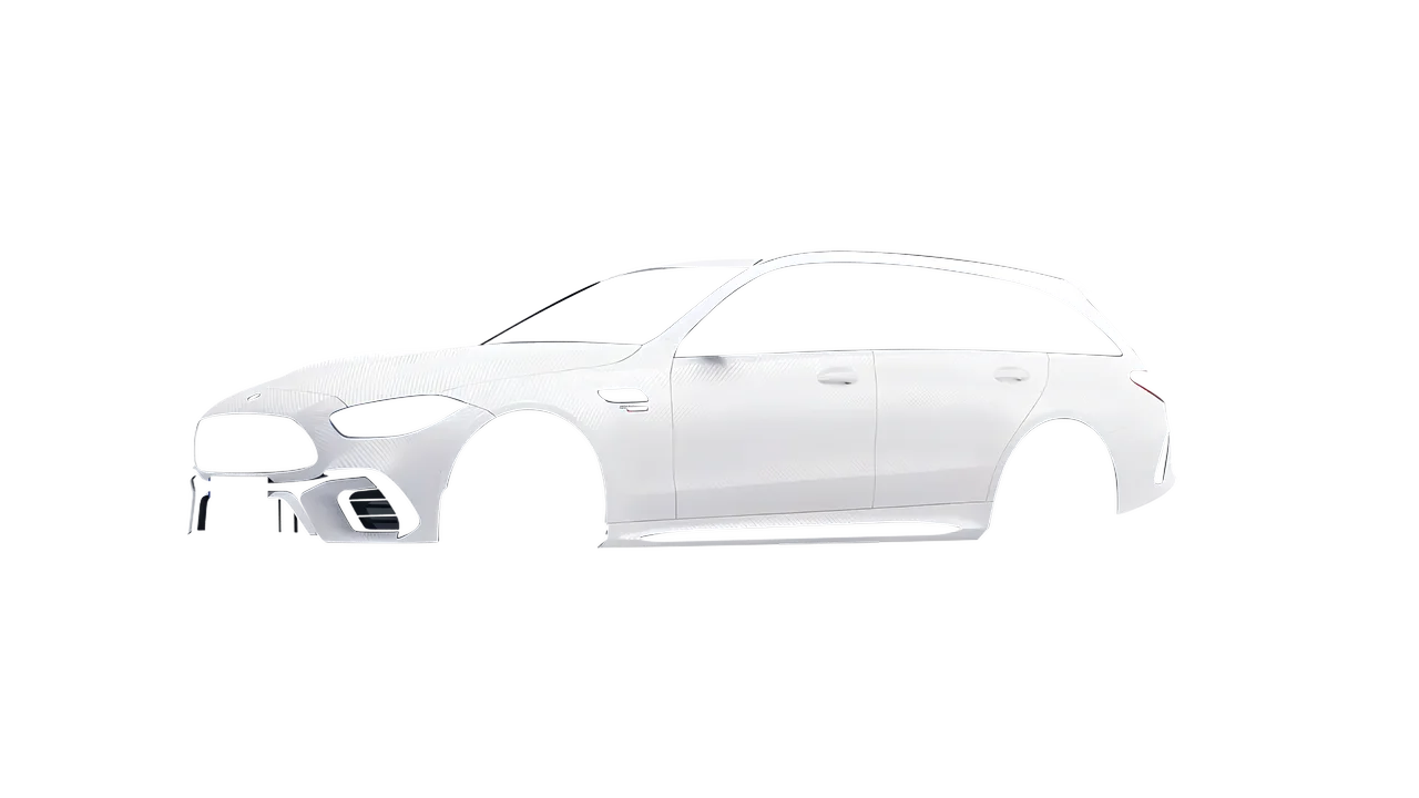 Mercedes-Benz C63s AMG E Performance Estate 2023 wrapped in Carbon Fiber White (Avery Dennison SW900-115-X), front three-quarter view