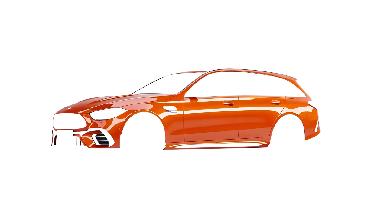 Mercedes-Benz C63s AMG E Performance Estate 2023 wrapped in Fiery Orange (3M G364), front three-quarter view