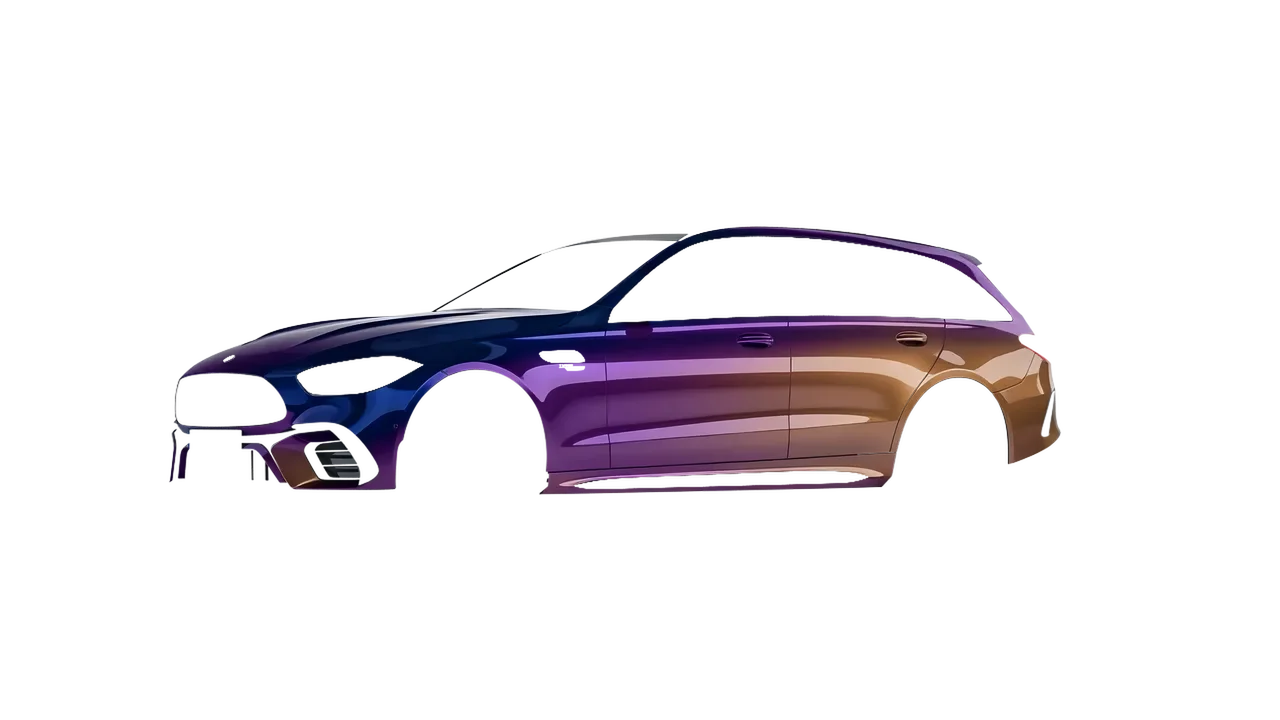 Mercedes-Benz C63s AMG E Performance Estate 2023 wrapped in Gloss Flip Deep Space (3M GP278), front three-quarter view