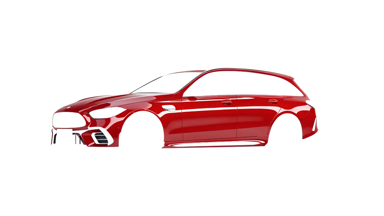 Mercedes-Benz C63s AMG E Performance Estate 2023 wrapped in Hot Rod Red (3M G13), front three-quarter view
