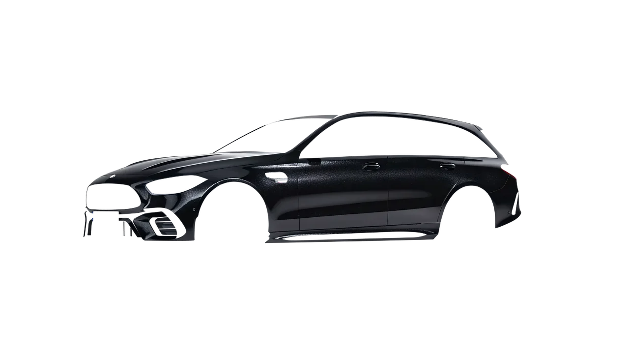 Mercedes-Benz C63s AMG E Performance Estate 2023 wrapped in Mystery Black (Avery Dennison SW900-184-M), front three-quarter view