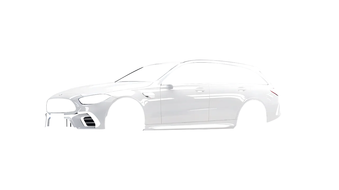 Mercedes-Benz C63s AMG E Performance Estate 2023 wrapped in Gloss White (3M G10), front three-quarter view