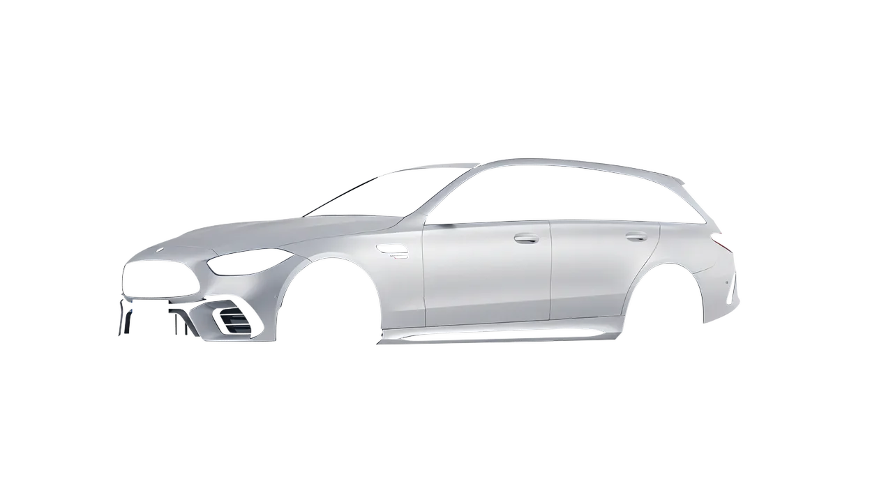 Mercedes-Benz C63s AMG E Performance Estate 2023 wrapped in Matte Silver (3M M21), front three-quarter view