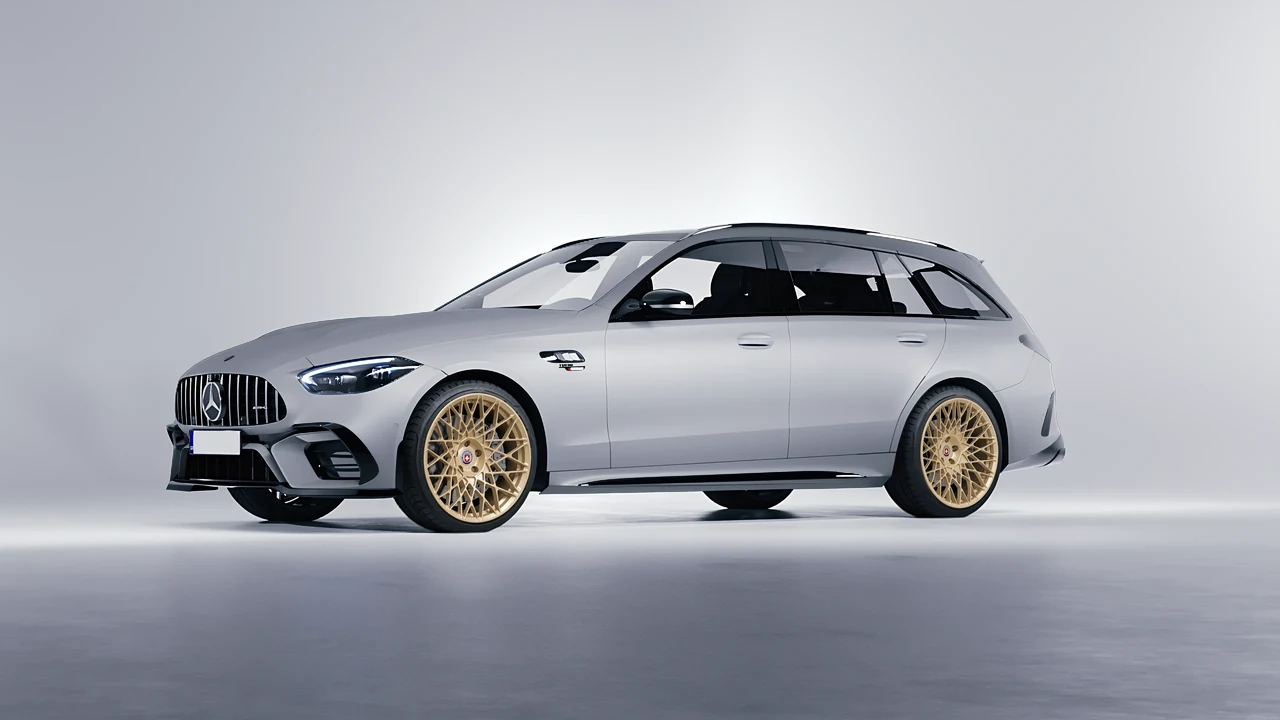 Mercedes-Benz C63s AMG E Performance Estate 2023 on HRE Performance Wheels 501M forged wheels, front three-quarter view