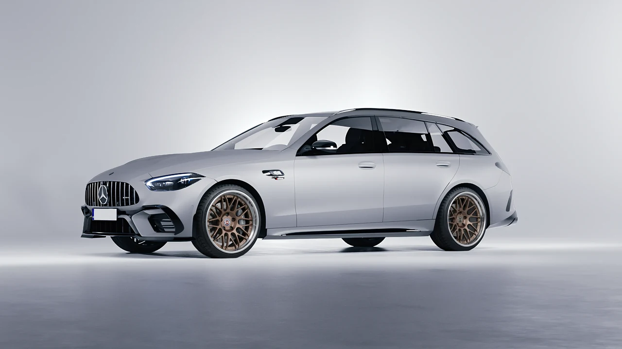 Mercedes-Benz C63s AMG E Performance Estate 2023 on HRE Performance Wheels C100 forged wheels, front three-quarter view