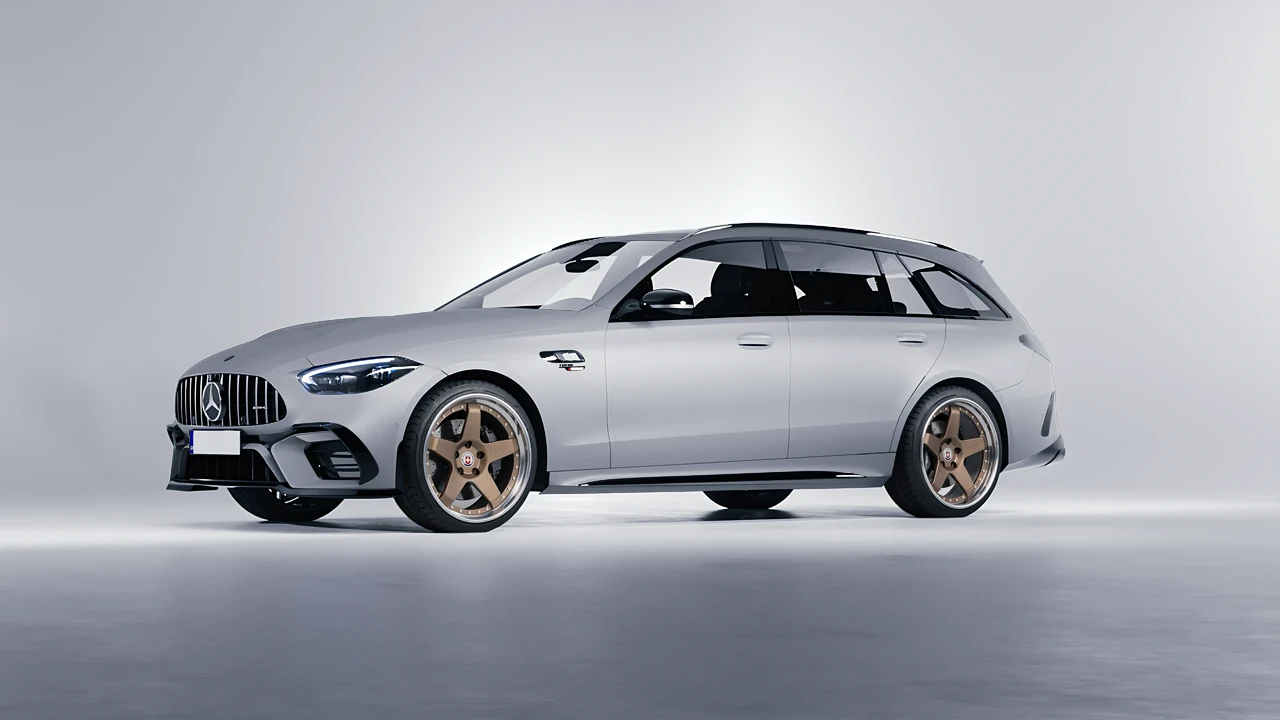Mercedes-Benz C63s AMG E Performance Estate 2023 on HRE Performance Wheels C105 forged wheels, front three-quarter view