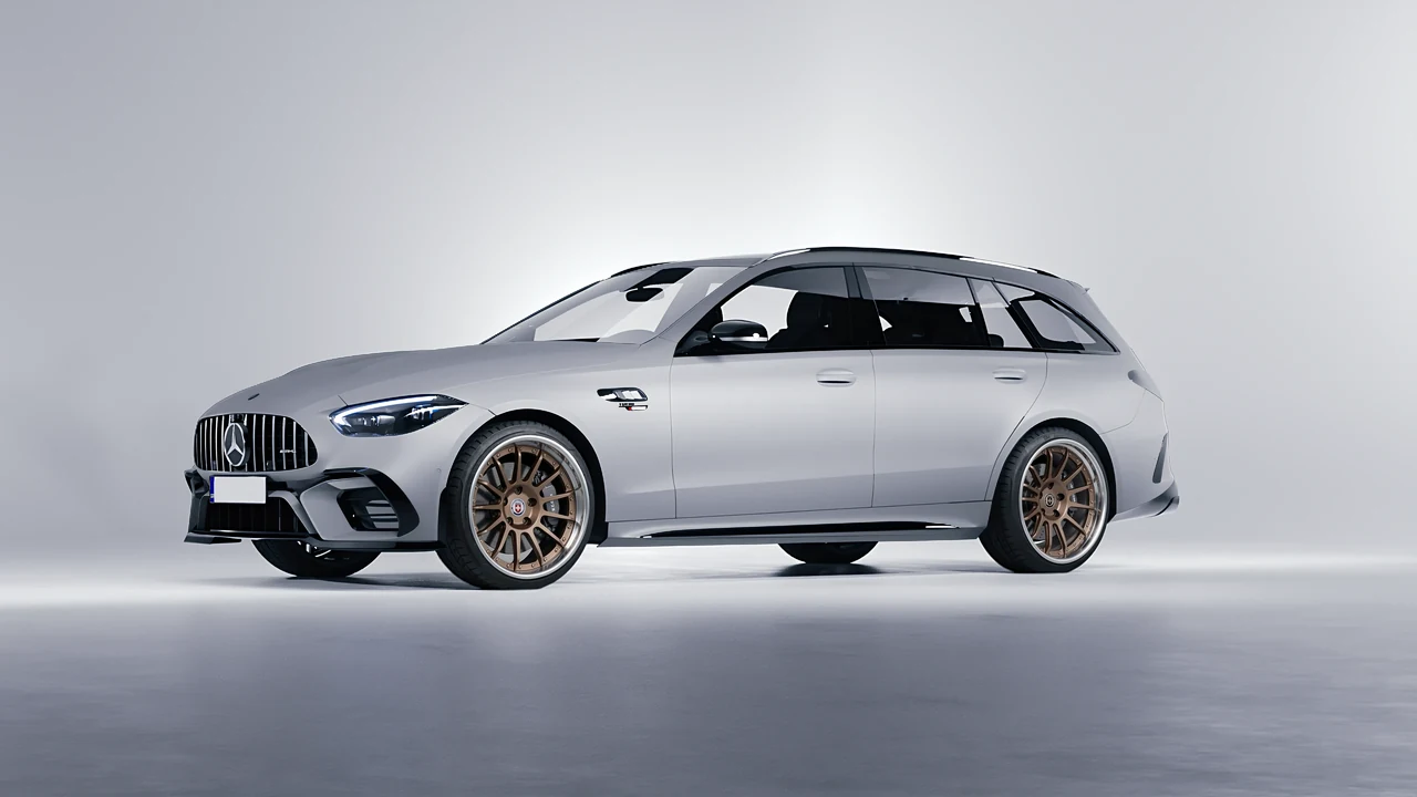 Mercedes-Benz C63s AMG E Performance Estate 2023 on HRE Performance Wheels C109 forged wheels, front three-quarter view