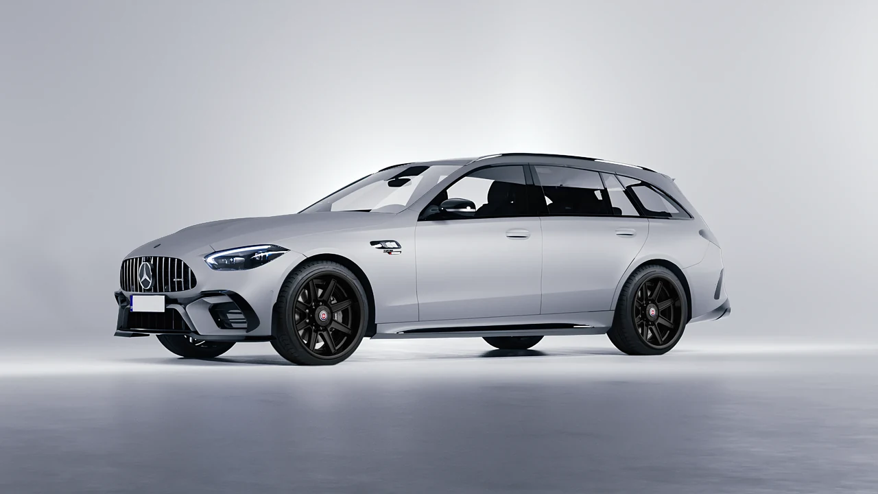 Mercedes-Benz C63s AMG E Performance Estate 2023 on HRE Performance Wheels HD188H forged wheels, front three-quarter view