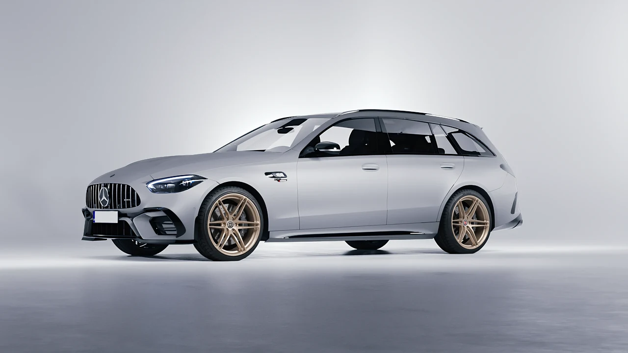 Mercedes-Benz C63s AMG E Performance Estate 2023 on HRE Performance Wheels P106 forged wheels, front three-quarter view