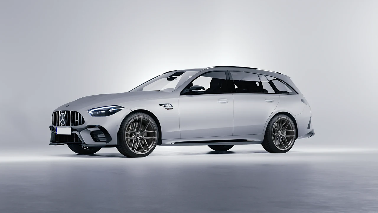Mercedes-Benz C63s AMG E Performance Estate 2023 on HRE Performance Wheels P161SC forged wheels, front three-quarter view