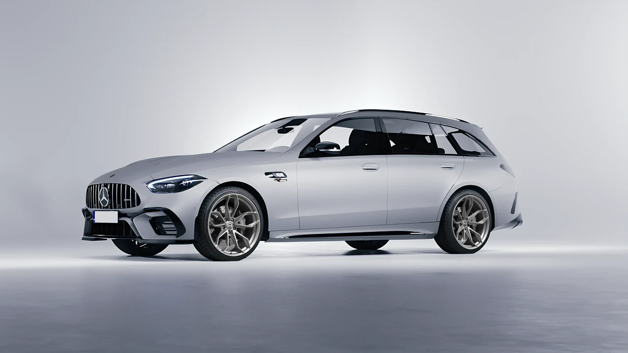 Mercedes-Benz C63s AMG E Performance Estate 2023 on HRE Performance Wheels P201 forged wheels, front three-quarter view