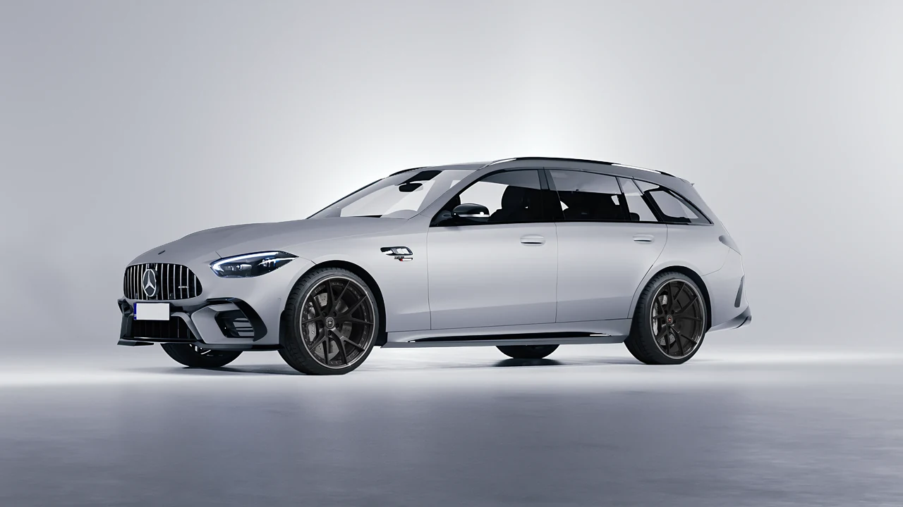 Mercedes-Benz C63s AMG E Performance Estate 2023 on HRE Performance Wheels S101 forged wheels, front three-quarter view