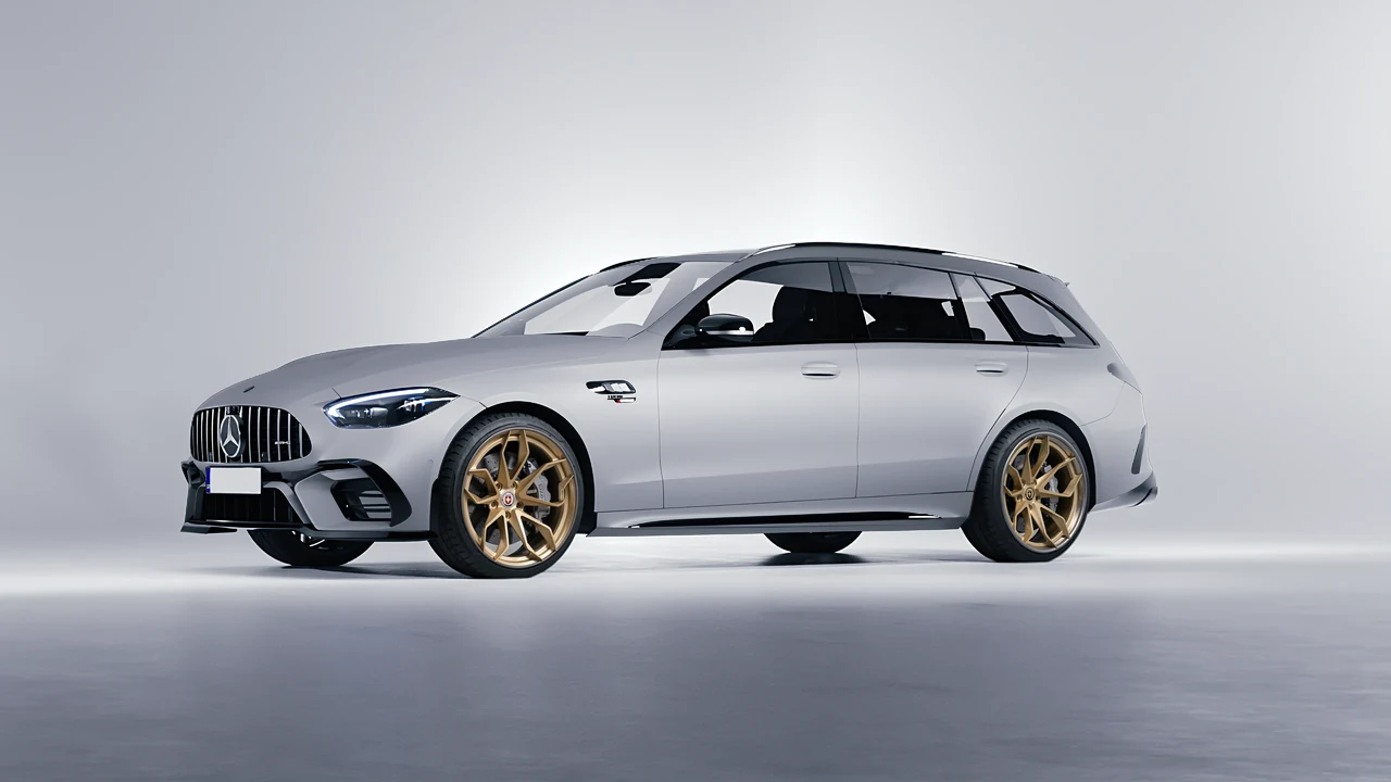 Mercedes-Benz C63s AMG E Performance Estate 2023 on HRE Performance Wheels S201H forged wheels, front three-quarter view