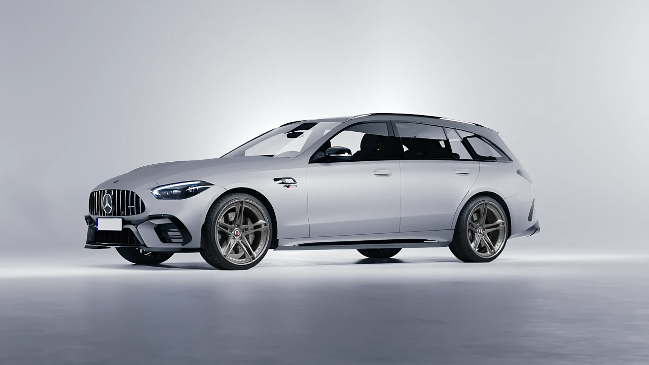 Mercedes-Benz C63s AMG E Performance Estate 2023 on HRE Performance Wheels S207 forged wheels, front three-quarter view