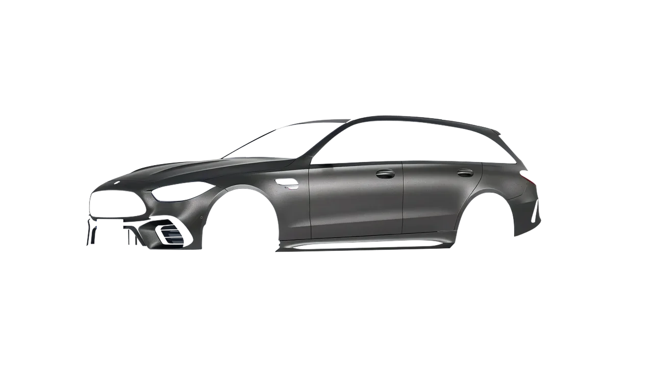 Mercedes-Benz C63s AMG E Performance Estate 2023 wrapped in Black Rock Grey (Avery Dennison SW900-823-M), front three-quarter view