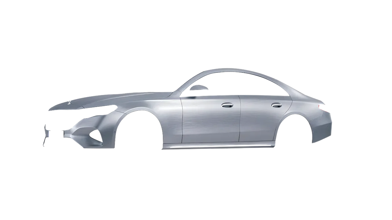 Mercedes-Benz E-Class 2023 wrapped in Brushed Aluminum (Avery Dennison SW900-812-X), front three-quarter view