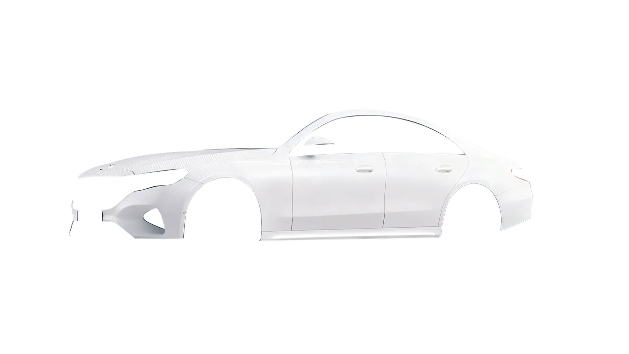 Mercedes-Benz E-Class 2023 wrapped in Carbon Fiber White (Avery Dennison SW900-115-X), front three-quarter view