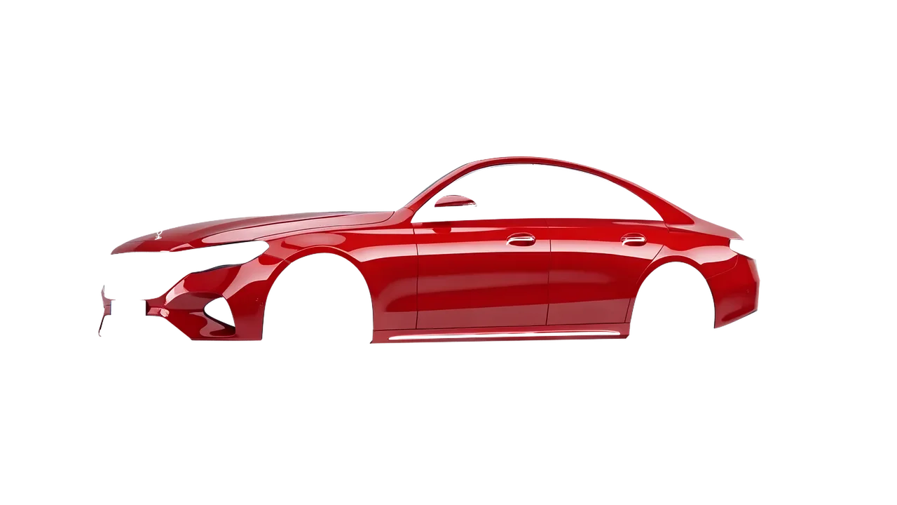 Mercedes-Benz E-Class 2023 wrapped in Hot Rod Red (3M G13), front three-quarter view