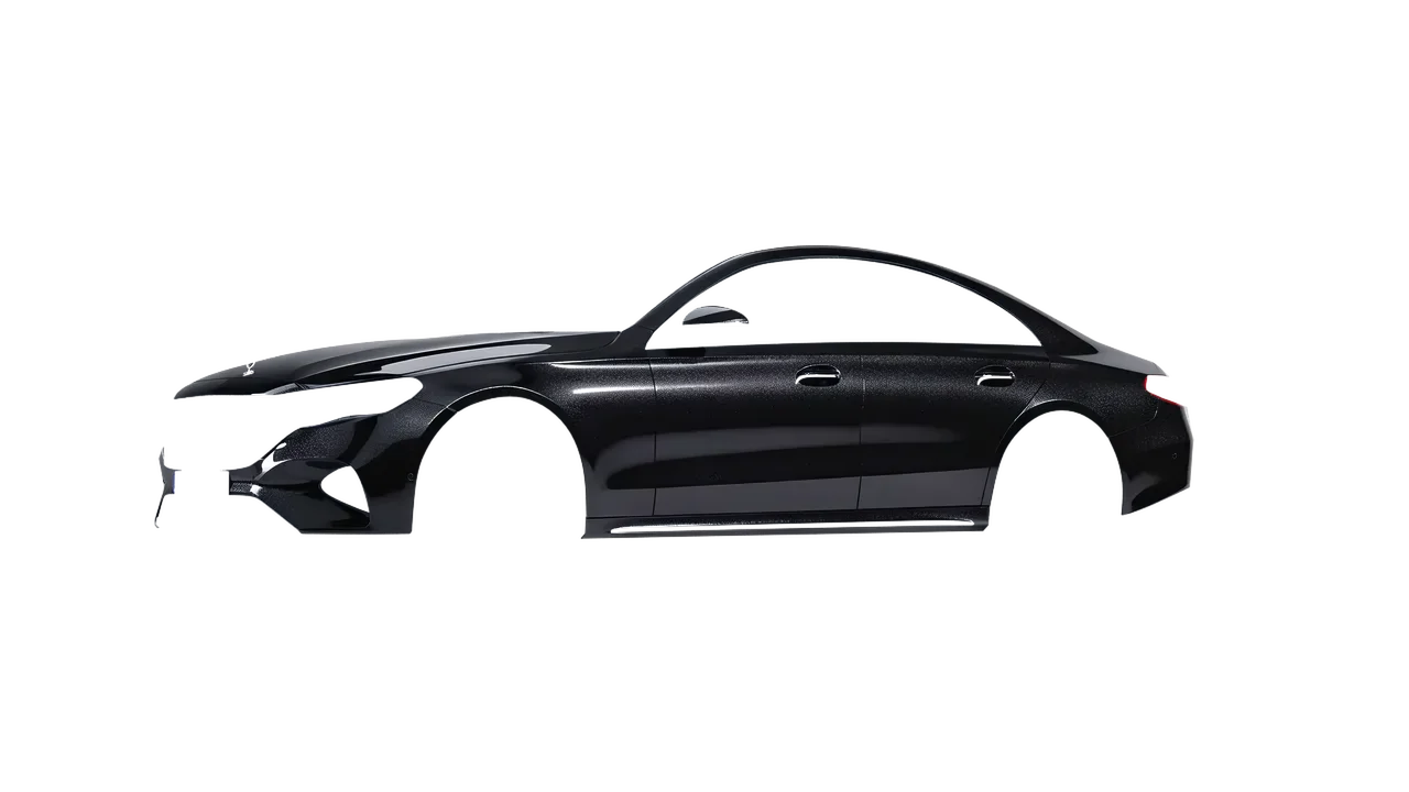 Mercedes-Benz E-Class 2023 wrapped in Mystery Black (Avery Dennison SW900-184-M), front three-quarter view