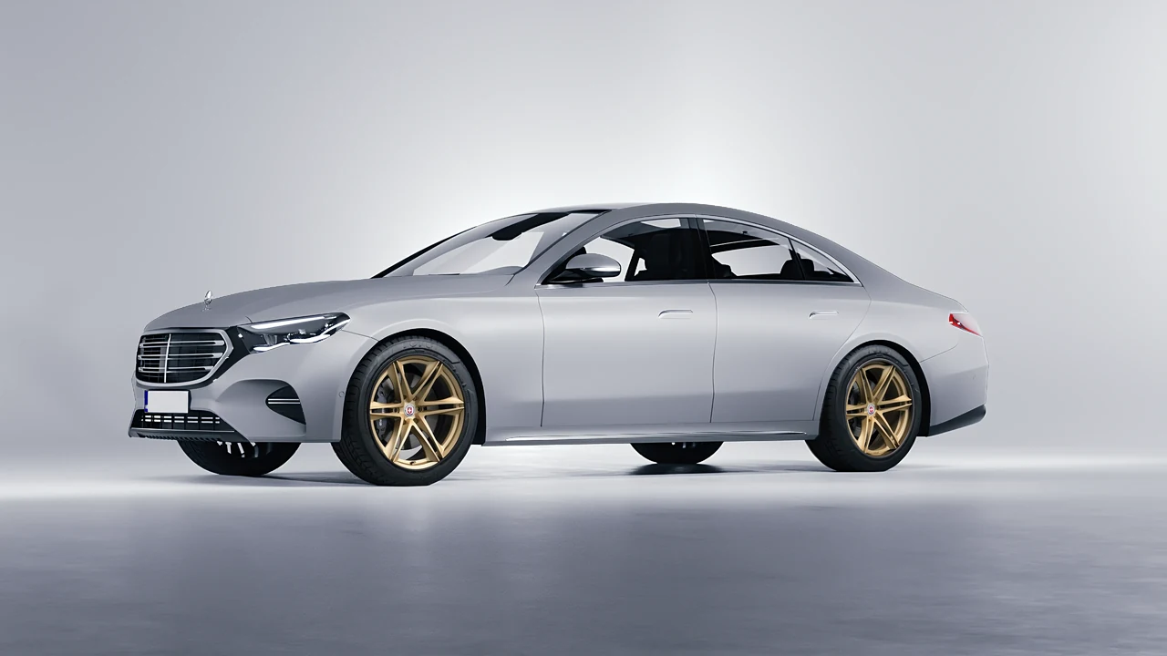 Mercedes-Benz E-Class 2023 on HRE Performance Wheels S267H forged wheels, front three-quarter view