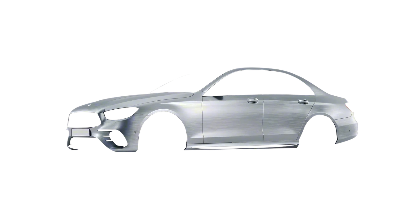 Mercedes-Benz E Class AMG 2023 wrapped in Brushed Aluminum (Avery Dennison SW900-812-X), front three-quarter view