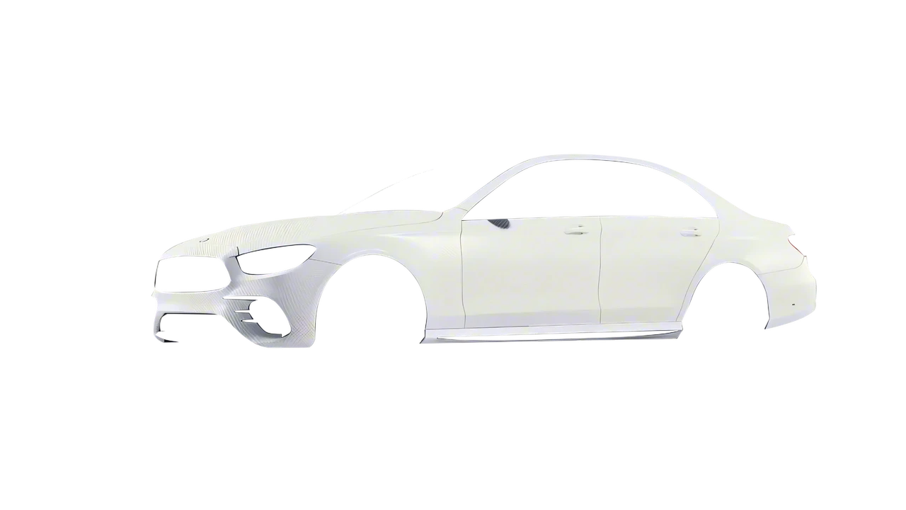 Mercedes-Benz E Class AMG 2023 wrapped in Carbon Fiber White (Avery Dennison SW900-115-X), front three-quarter view