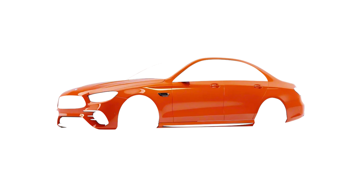 Mercedes-Benz E Class AMG 2023 wrapped in Fiery Orange (3M G364), front three-quarter view