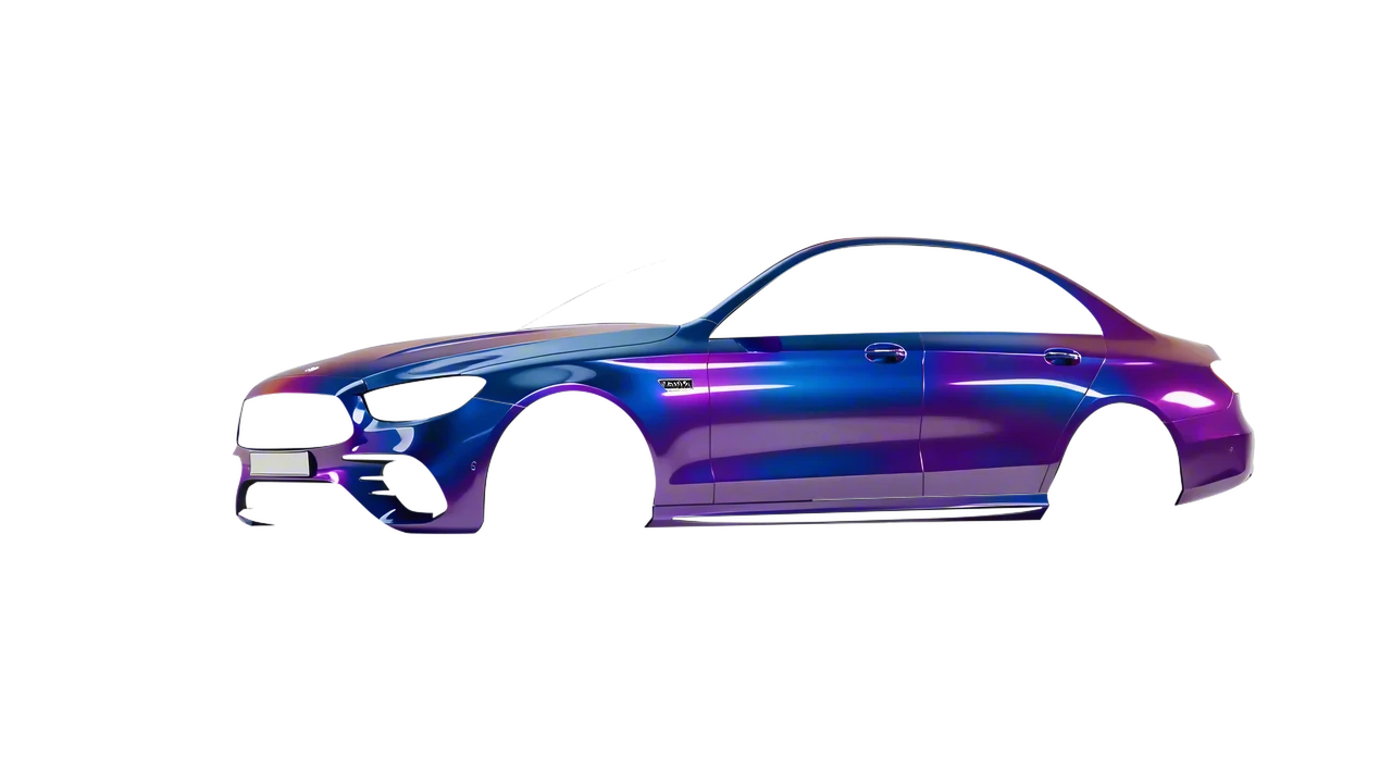 Mercedes-Benz E Class AMG 2023 wrapped in Gloss Flip Deep Space (3M GP278), front three-quarter view
