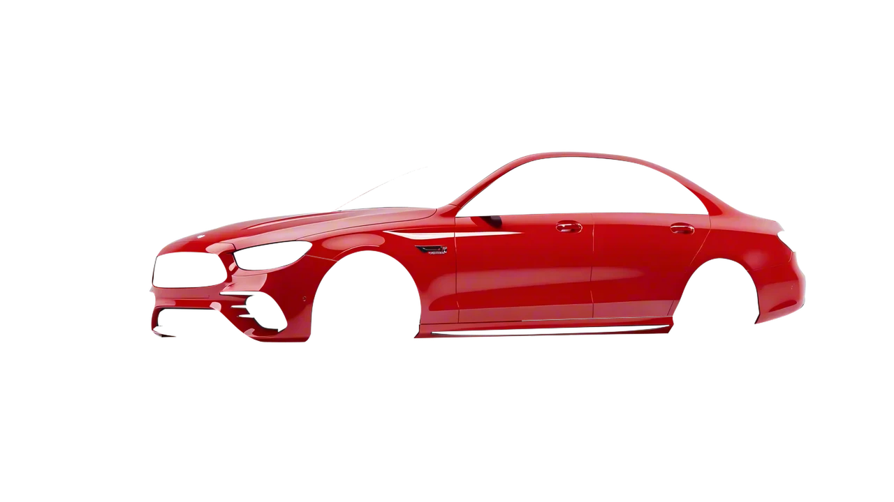 Mercedes-Benz E Class AMG 2023 wrapped in Hot Rod Red (3M G13), front three-quarter view