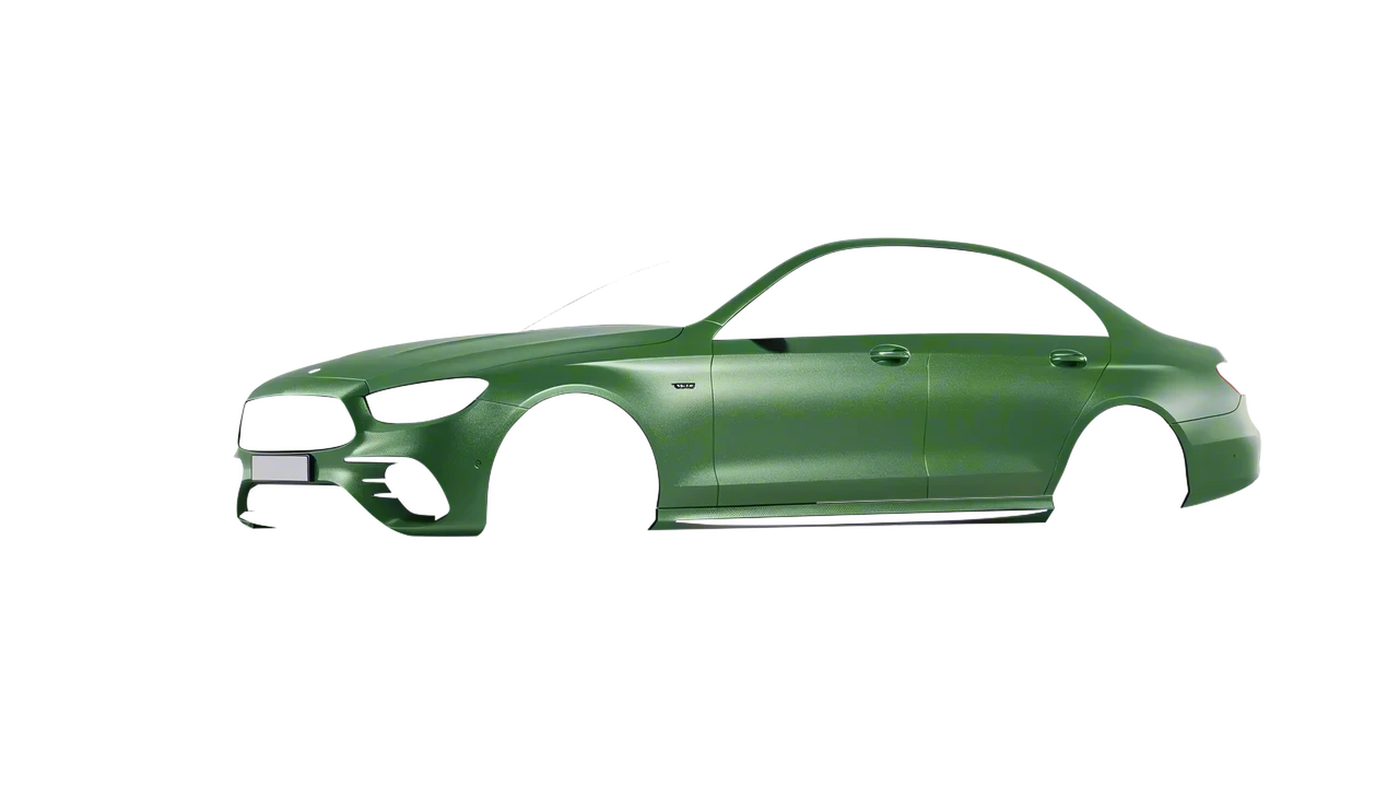 Mercedes-Benz E Class AMG 2023 wrapped in Apple Green (Avery Dennison SW900-745-M), front three-quarter view