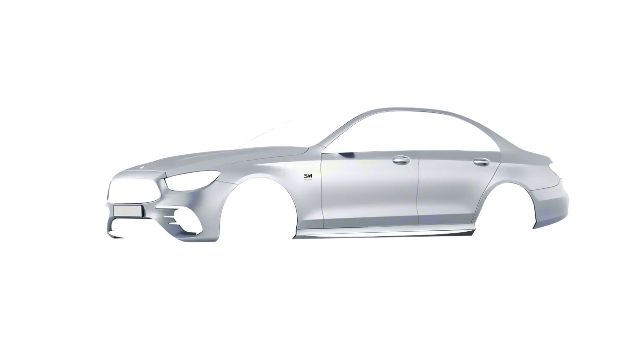 Mercedes-Benz E Class AMG 2023 wrapped in Matte Silver (3M M21), front three-quarter view