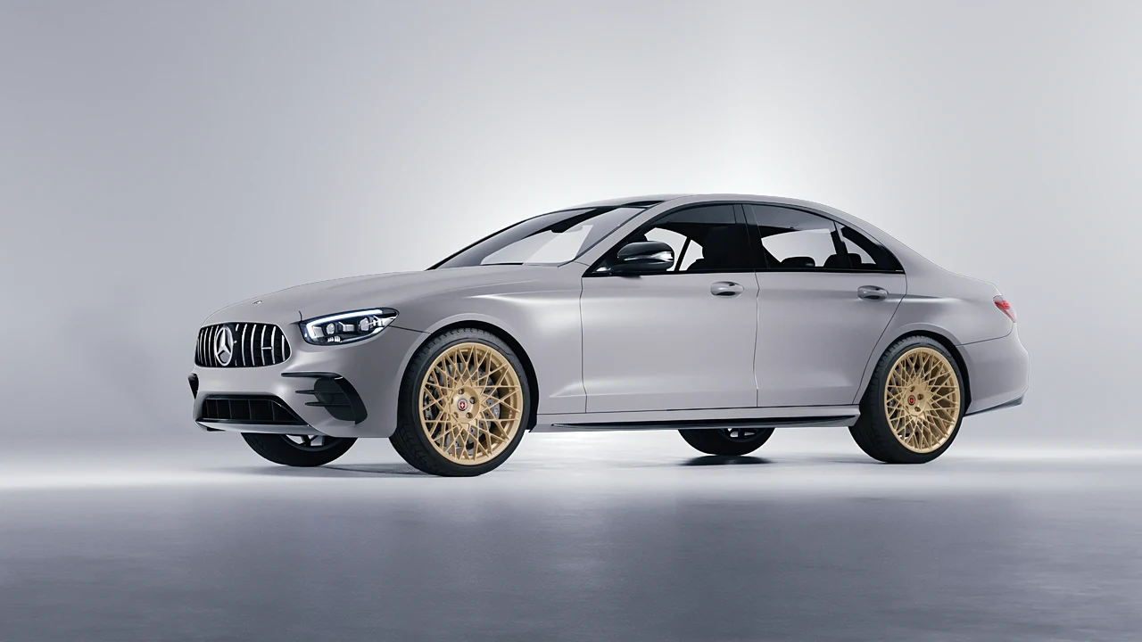 Mercedes-Benz E Class AMG 2023 on HRE Performance Wheels 501M forged wheels, front three-quarter view