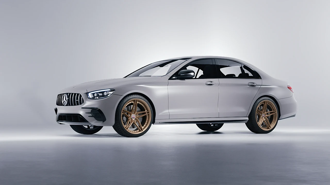 Mercedes-Benz E Class AMG 2023 on HRE Performance Wheels S107SC forged wheels, front three-quarter view