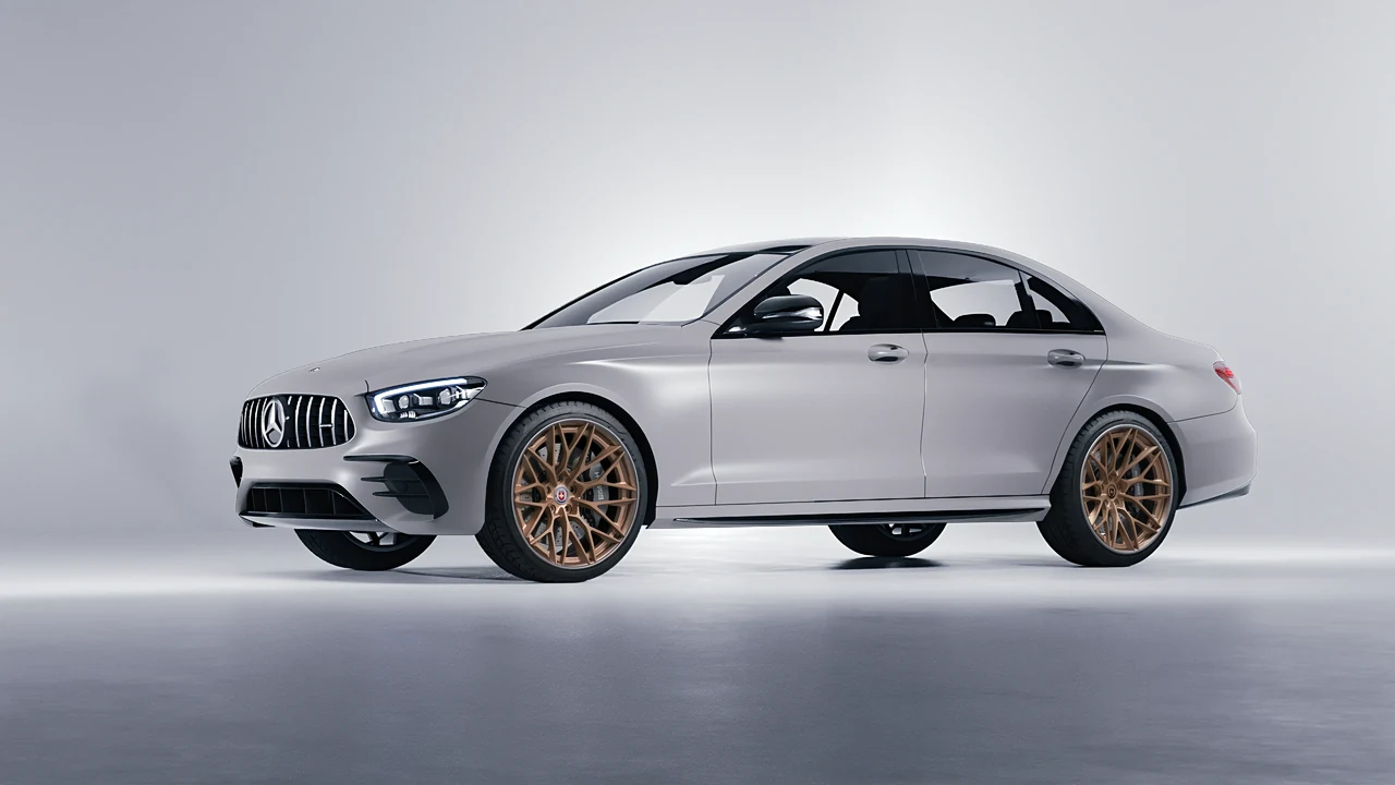 Mercedes-Benz E Class AMG 2023 on HRE Performance Wheels S200H forged wheels, front three-quarter view