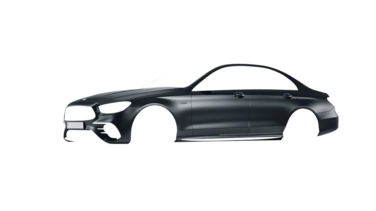 Mercedes-Benz E Class AMG 2023 wrapped in Black Rock Grey (Avery Dennison SW900-823-M), front three-quarter view
