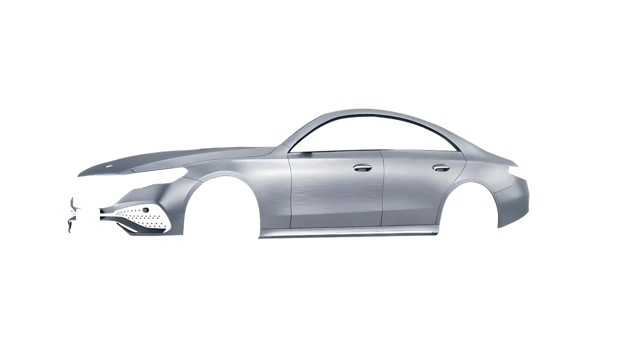 Mercedes-Benz E-Class AMG Line 2023 wrapped in Brushed Aluminum (Avery Dennison SW900-812-X), front three-quarter view