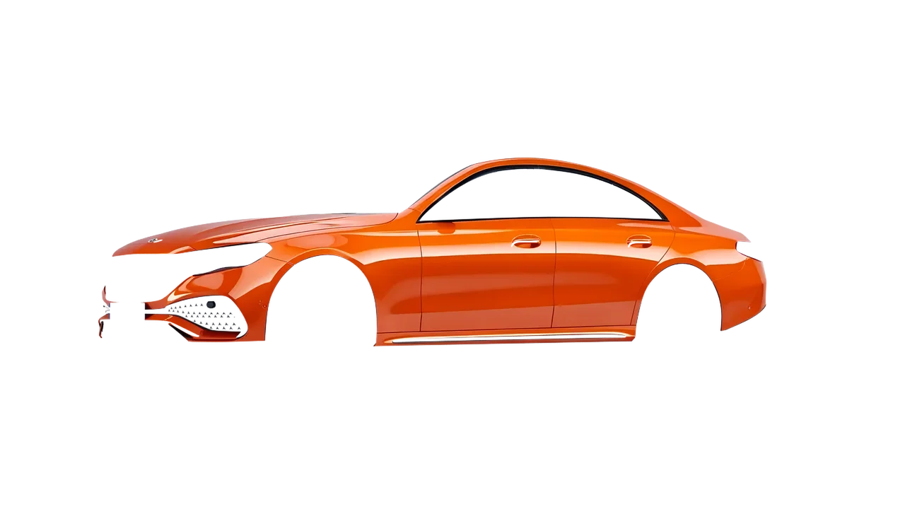 Mercedes-Benz E-Class AMG Line 2023 wrapped in Fiery Orange (3M G364), front three-quarter view