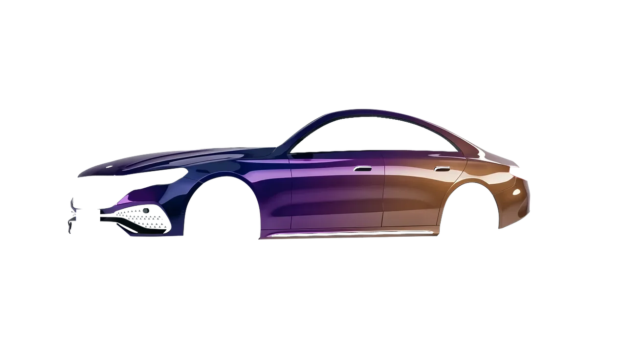 Mercedes-Benz E-Class AMG Line 2023 wrapped in Gloss Flip Deep Space (3M GP278), front three-quarter view