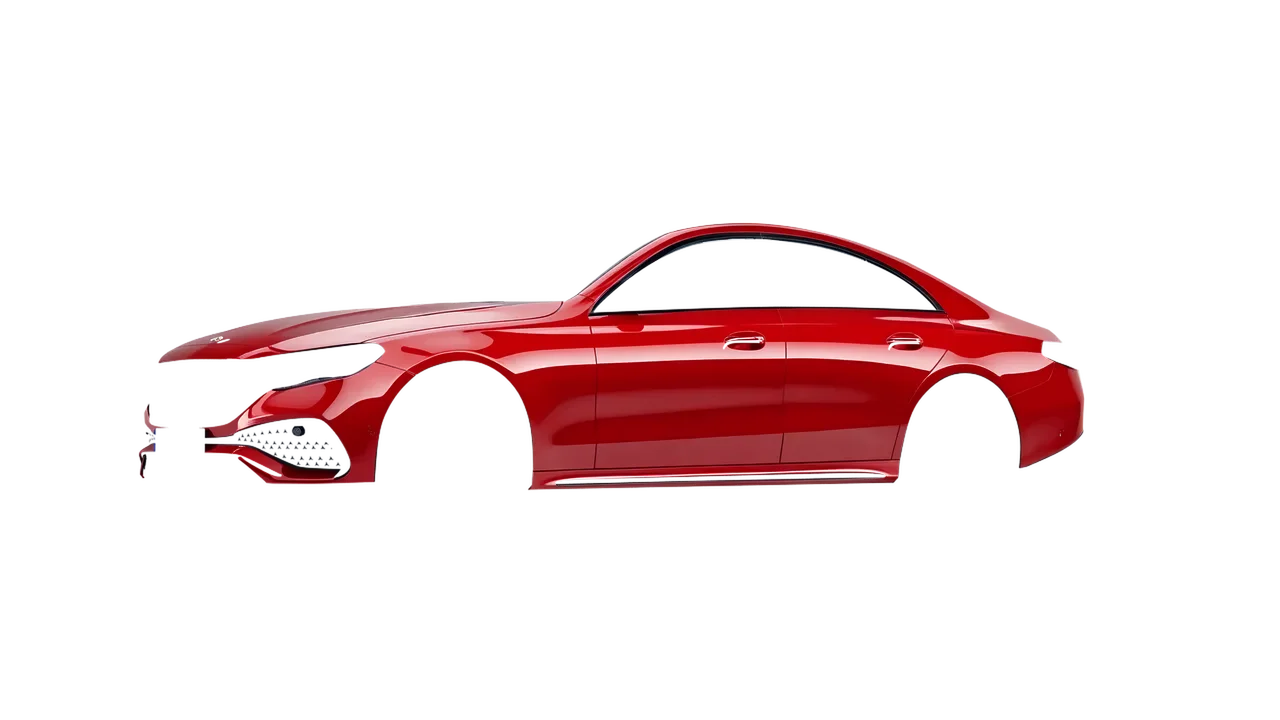 Mercedes-Benz E-Class AMG Line 2023 wrapped in Hot Rod Red (3M G13), front three-quarter view