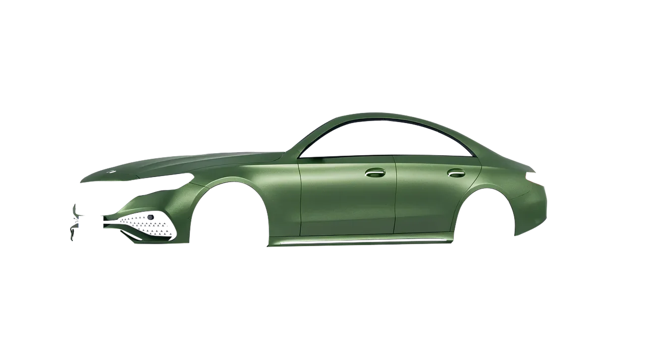 Mercedes-Benz E-Class AMG Line 2023 wrapped in Apple Green (Avery Dennison SW900-745-M), front three-quarter view