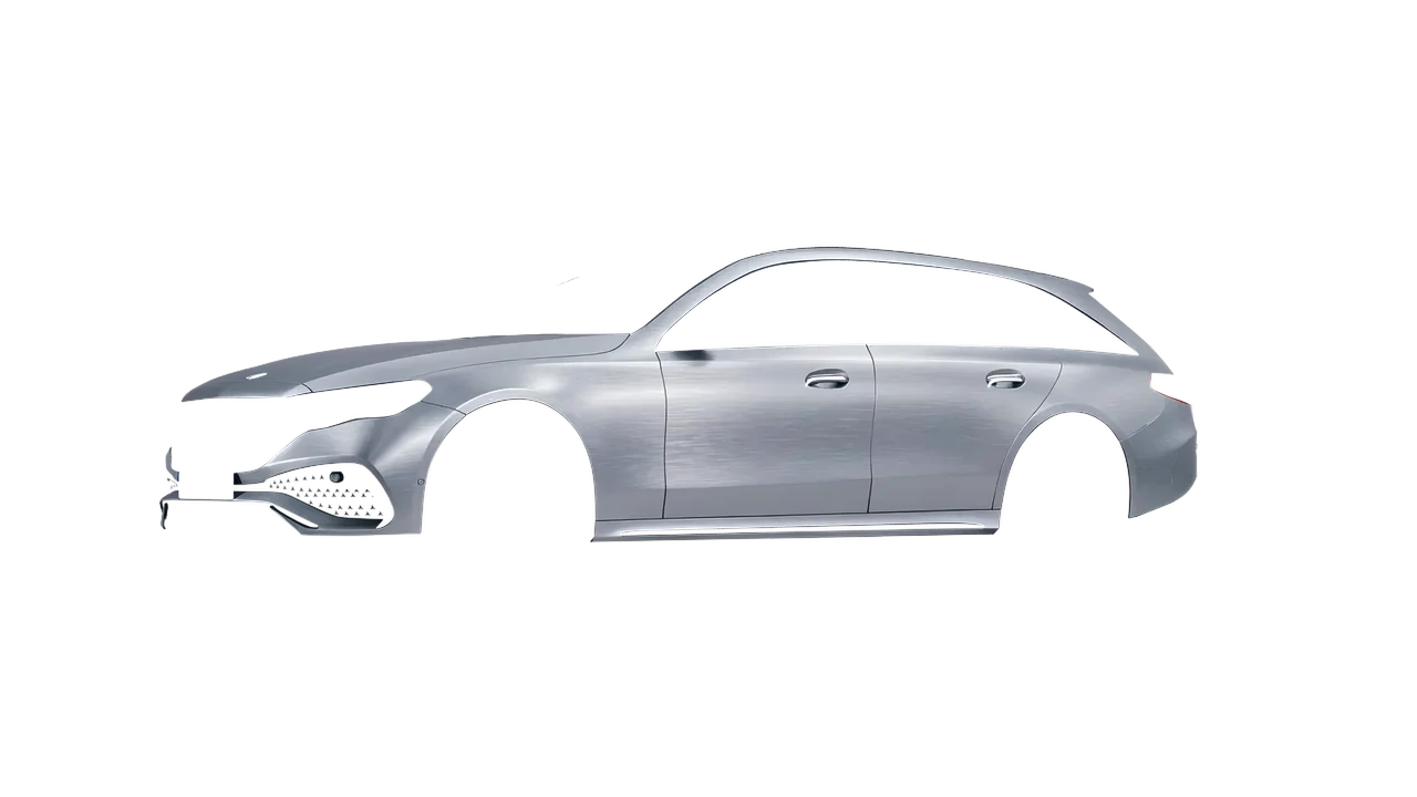 Mercedes-Benz E-Class Estate 2023 wrapped in Brushed Aluminum (Avery Dennison SW900-812-X), front three-quarter view