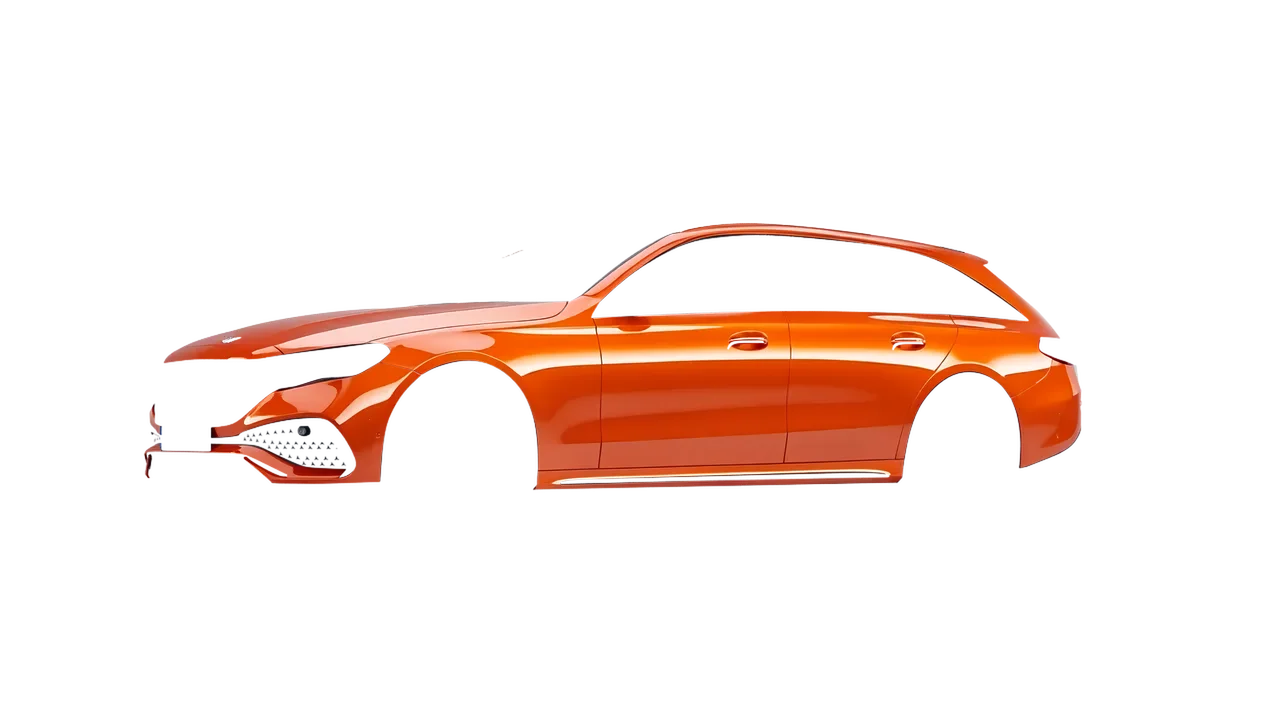 Mercedes-Benz E-Class Estate 2023 wrapped in Fiery Orange (3M G364), front three-quarter view